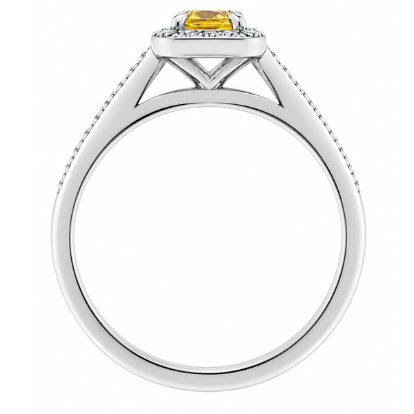 classic Art Deco style cluster ring with emerald cut centre Yellow Sapphire claw setting grain set round brilliant cut diamonds set shoulders halo surround platinum gold