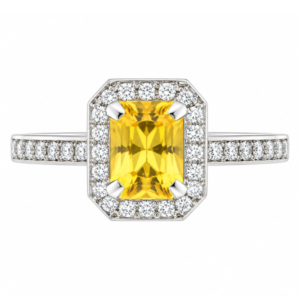 classic Art Deco style cluster ring with emerald cut centre Yellow Sapphire claw setting grain set round brilliant cut diamonds set shoulders halo surround platinum gold
