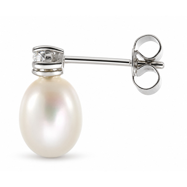 A classic round brilliant cut diamond and oval freshwater cultured pearl drop style earring platinum gold
