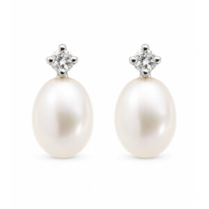 A classic round brilliant cut diamond and oval freshwater cultured pearl drop style earring platinum gold