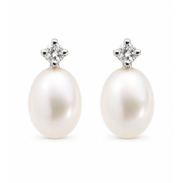 A classic round brilliant cut diamond and oval freshwater cultured pearl drop style earring platinum gold