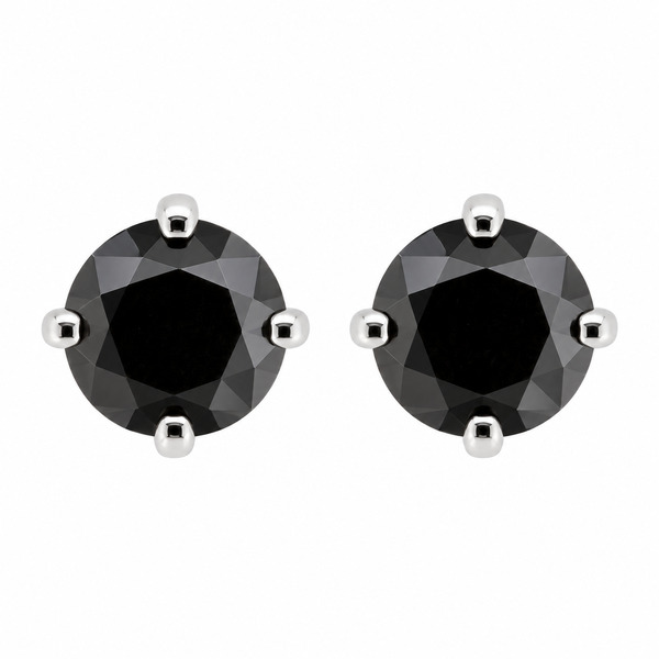 Four claw stud or solitaire style earrings round shape cut black diamonds diamond platinum gold