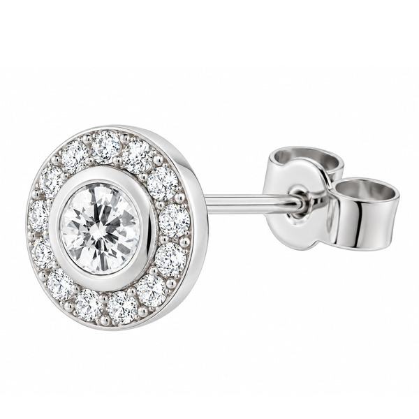 Classic cluster style earrings with a rubover set central round diamond with a halo of grain set round brilliant cut diamonds platinum gold
