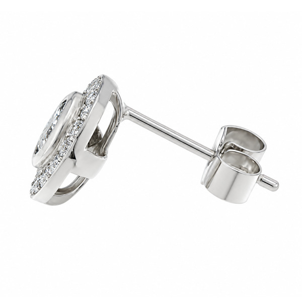 Classic cluster style earrings with a rubover set central round diamond with a halo of grain set round brilliant cut diamonds platinum gold