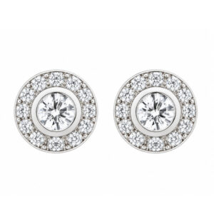 Classic cluster style earrings with a rubover set central round diamond with a halo of grain set round brilliant cut diamonds platinum gold