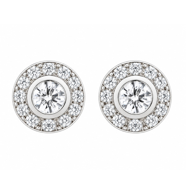 Classic cluster style earrings with a rubover set central round diamond with a halo of grain set round brilliant cut diamonds platinum gold