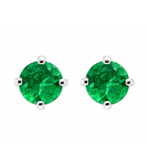 Four claw stud or solitaire style earrings round shape cut blue emerald emeralds platinum gold