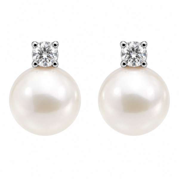 A classic drop style earring with round freshwater cultured pearls and round brilliant cut diamonds platinum gold