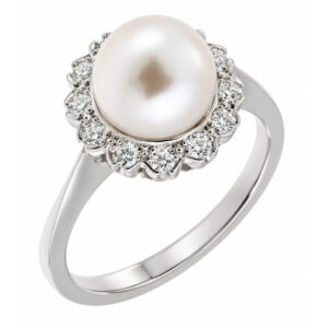 Classic pearl diamond cluster ring with round freshwater cultured pearl surrounded halo round brilliant cut diamonds platinum gold