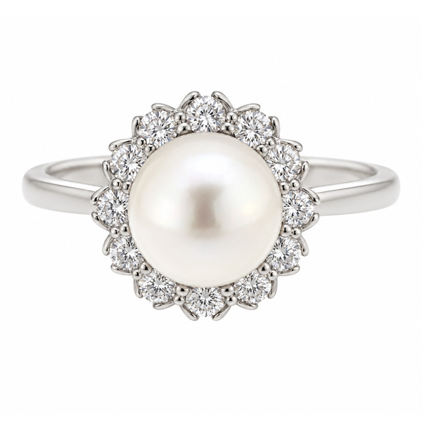 Classic pearl diamond cluster ring with round freshwater cultured pearl surrounded halo round brilliant cut diamonds platinum gold