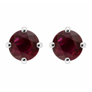 Four claw stud or solitaire style earrings round shape cut blue ruby rubies platinum gold