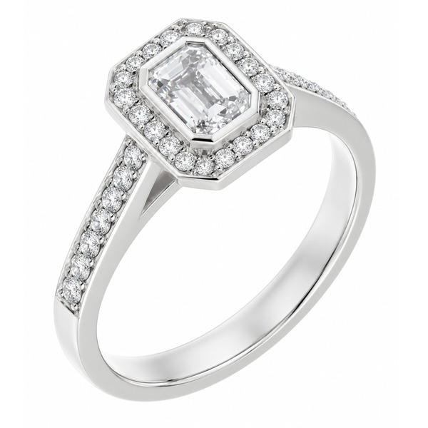 classic Art Deco style cluster ring with emerald cut centre diamond rubover setting grain set round brilliant cut diamonds set shoulders halo surround platinum gold
