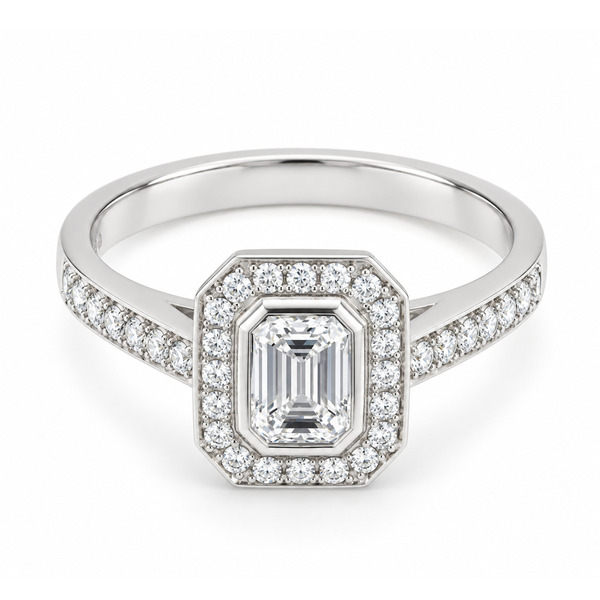 classic Art Deco style cluster ring with emerald cut centre diamond rubover setting grain set round brilliant cut diamonds set shoulders halo surround platinum gold