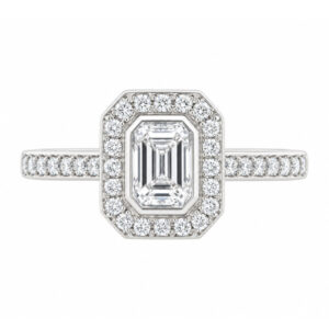 classic Art Deco style cluster ring with emerald cut centre diamond rubover setting grain set round brilliant cut diamonds set shoulders halo surround platinum gold