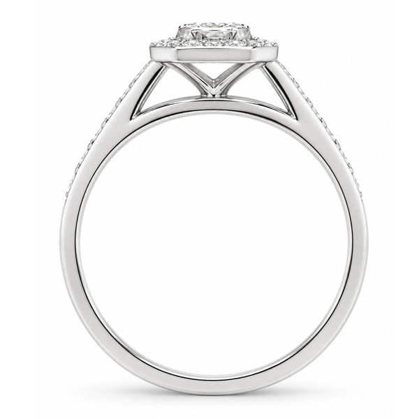 classic Art Deco style cluster ring with emerald cut centre diamond rubover setting grain set round brilliant cut diamonds set shoulders halo surround platinum gold