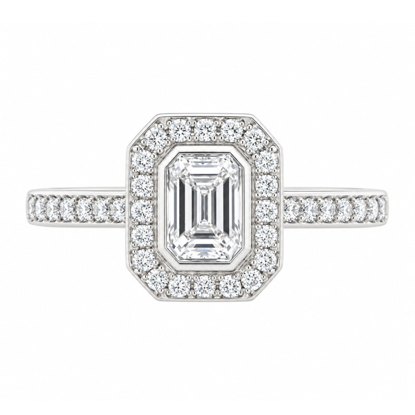 classic Art Deco style cluster ring with emerald cut centre diamond rubover setting grain set round brilliant cut diamonds set shoulders halo surround platinum gold
