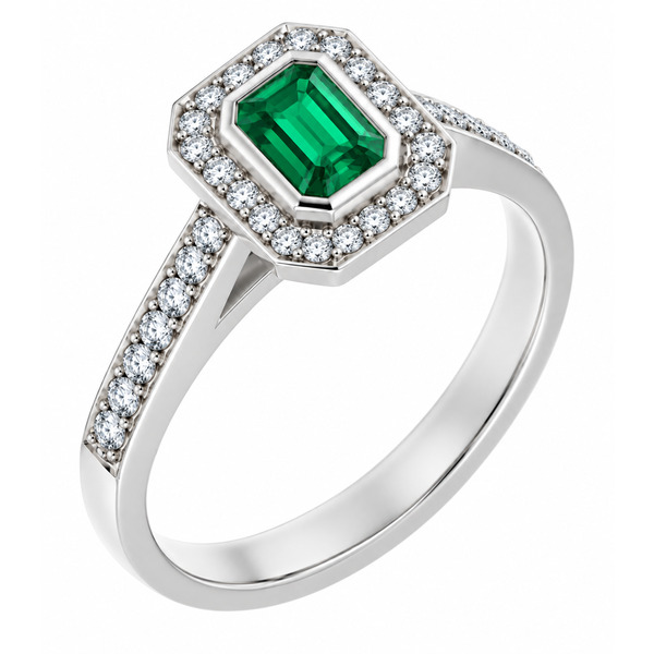 classic Art Deco style cluster ring with emerald cut centre Green Emerald rubover setting grain set round brilliant cut diamonds set shoulders halo surround platinum gold