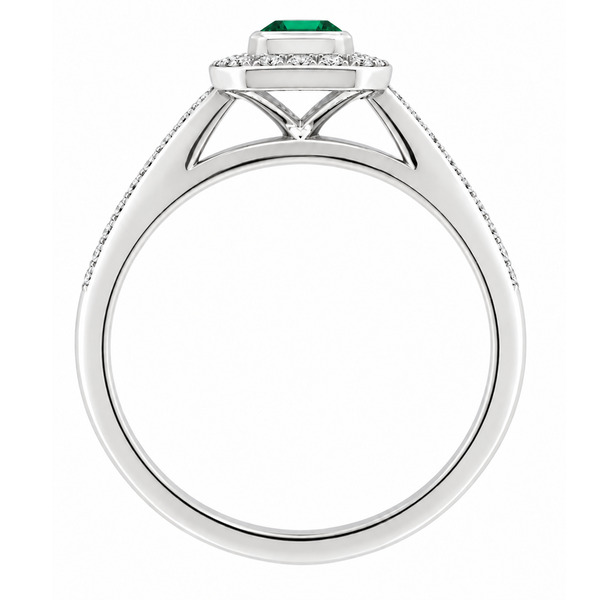 classic Art Deco style cluster ring with emerald cut centre Green Emerald rubover setting grain set round brilliant cut diamonds set shoulders halo surround platinum gold