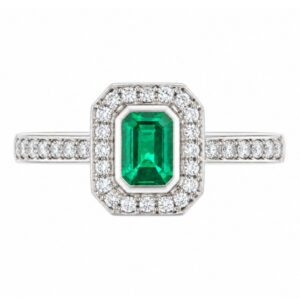 classic Art Deco style cluster ring with emerald cut centre Green Emerald rubover setting grain set round brilliant cut diamonds set shoulders halo surround platinum gold