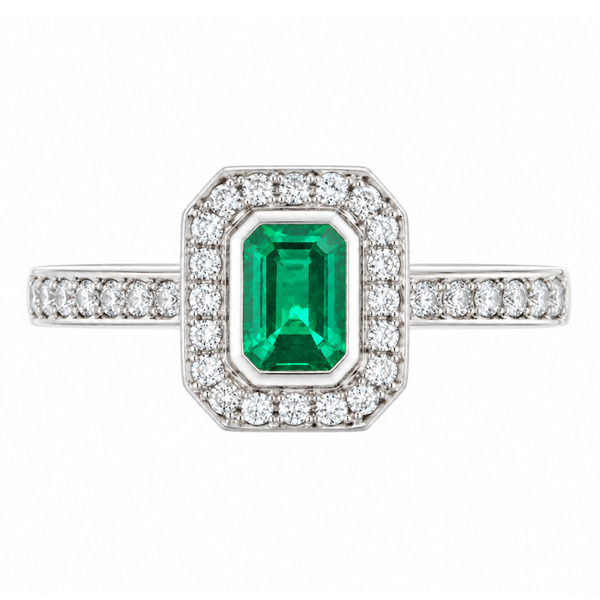 classic Art Deco style cluster ring with emerald cut centre Green Emerald rubover setting grain set round brilliant cut diamonds set shoulders halo surround platinum gold