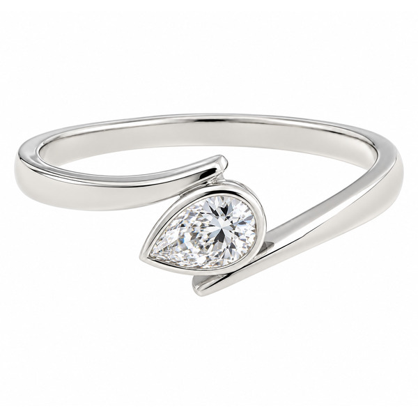 A modern crossover style ring with a solitaire pear shape cut diamond in a rubover setting modernist contemporary design designer platinum gold