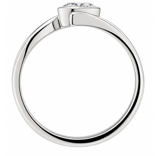 A modern crossover style ring with a solitaire pear shape cut diamond in a rubover setting modernist contemporary design designer platinum gold