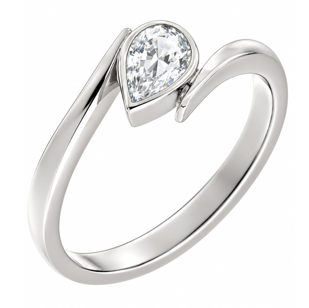 A modern crossover style ring with a solitaire pear shape cut diamond in a rubover setting modernist contemporary design designer platinum gold