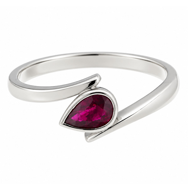 A modern crossover style ring with a solitaire pear shape ruby in a rubover setting modernist contemporary design designer platinum gold