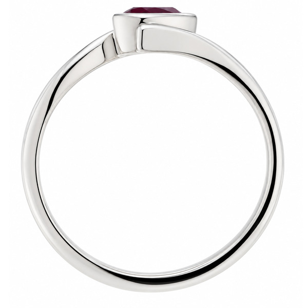 A modern crossover style ring with a solitaire pear shape ruby in a rubover setting modernist contemporary design designer platinum gold