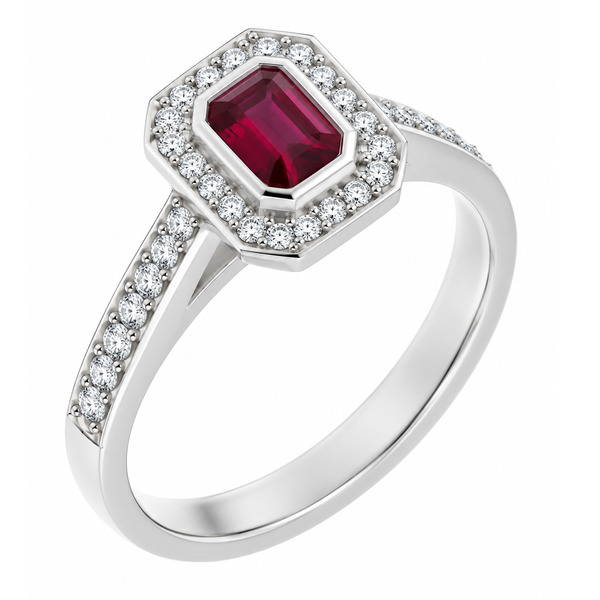 classic Art Deco style cluster ring with emerald cut centre Ruby rubover setting grain set round brilliant cut diamonds set shoulders halo surround platinum gold