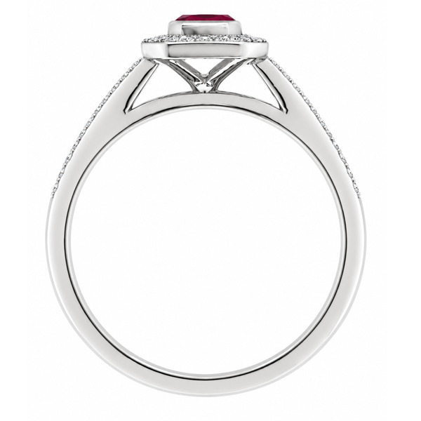 classic Art Deco style cluster ring with emerald cut centre Ruby rubover setting grain set round brilliant cut diamonds set shoulders halo surround platinum gold