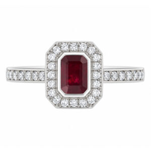 classic Art Deco style cluster ring with emerald cut centre Ruby rubover setting grain set round brilliant cut diamonds set shoulders halo surround platinum gold