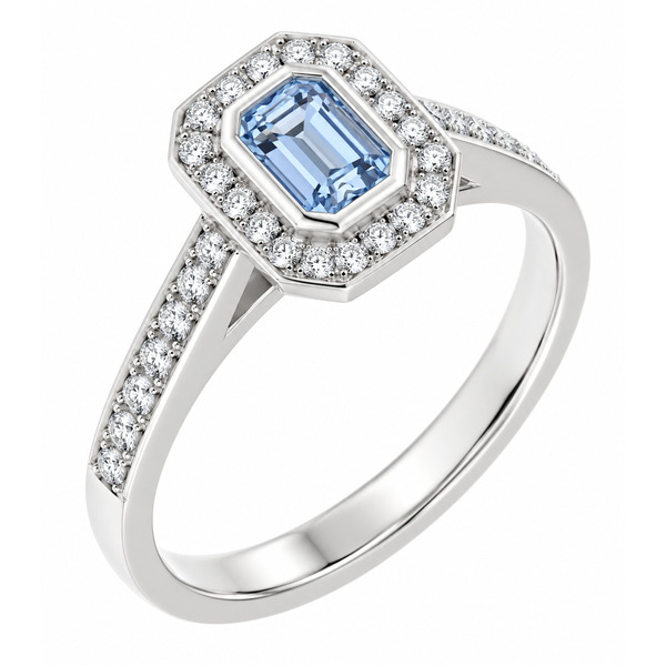 classic Art Deco style cluster ring with emerald cut centre Aqua aquamarine rubover setting grain set round brilliant cut diamonds set shoulders halo surround platinum gold