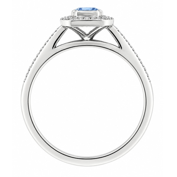 classic Art Deco style cluster ring with emerald cut centre Aqua aquamarine rubover setting grain set round brilliant cut diamonds set shoulders halo surround platinum gold
