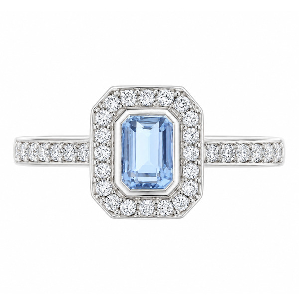classic Art Deco style cluster ring with emerald cut centre Aqua aquamarine rubover setting grain set round brilliant cut diamonds set shoulders halo surround platinum gold