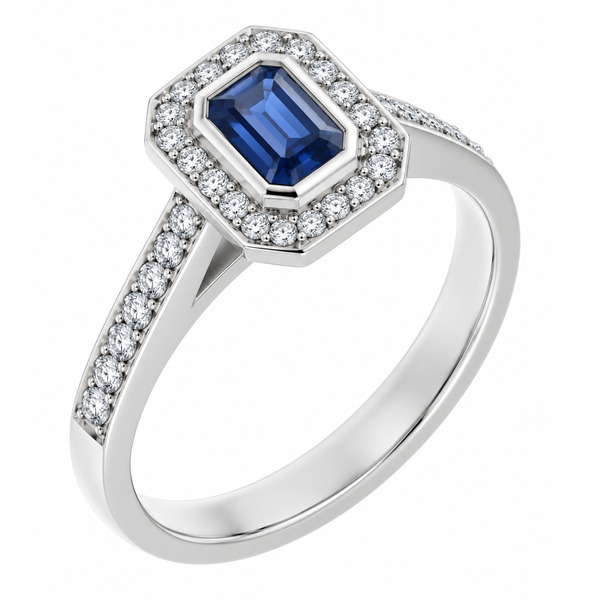 classic Art Deco style cluster ring with emerald cut centre Blue Sapphire rubover setting grain set round brilliant cut diamonds set shoulders halo surround platinum gold