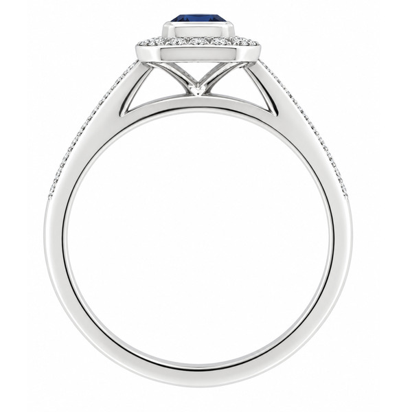 classic Art Deco style cluster ring with emerald cut centre Blue Sapphire rubover setting grain set round brilliant cut diamonds set shoulders halo surround platinum gold