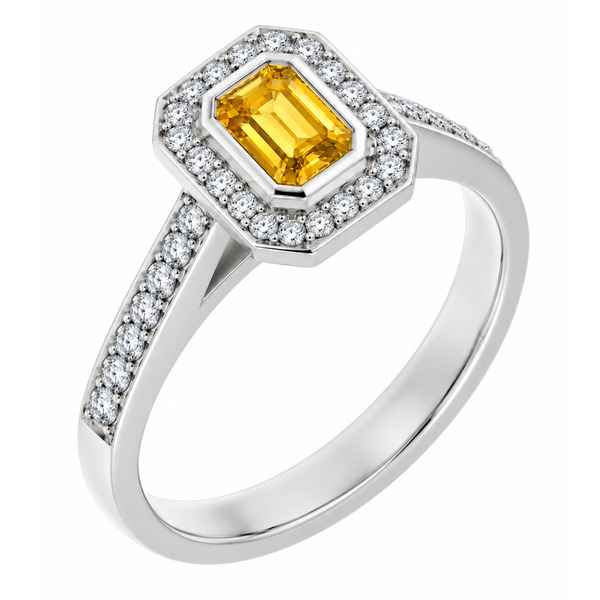 classic Art Deco style cluster ring with emerald cut centre Yellow Sapphire rubover setting grain set round brilliant cut diamonds set shoulders halo surround platinum gold