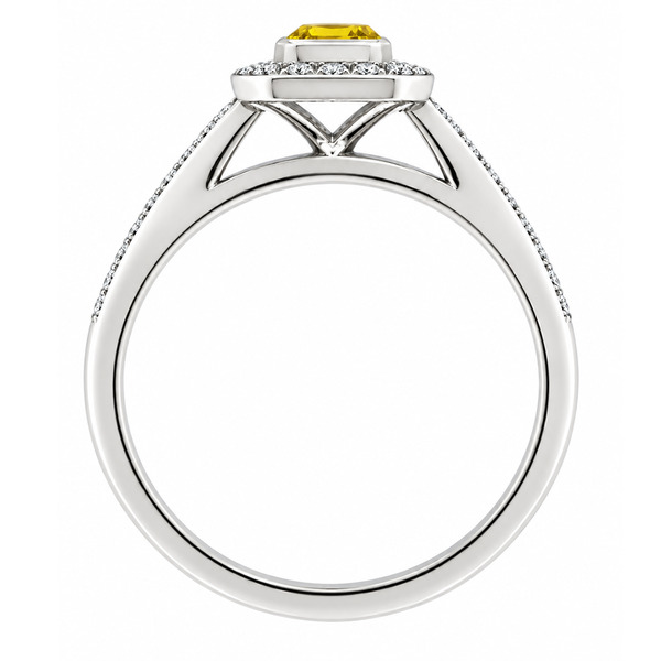 classic Art Deco style cluster ring with emerald cut centre Yellow Sapphire rubover setting grain set round brilliant cut diamonds set shoulders halo surround platinum gold