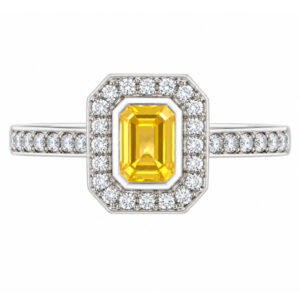 classic Art Deco style cluster ring with emerald cut centre Yellow Sapphire rubover setting grain set round brilliant cut diamonds set shoulders halo surround platinum gold