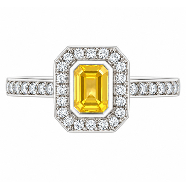 classic Art Deco style cluster ring with emerald cut centre Yellow Sapphire rubover setting grain set round brilliant cut diamonds set shoulders halo surround platinum gold