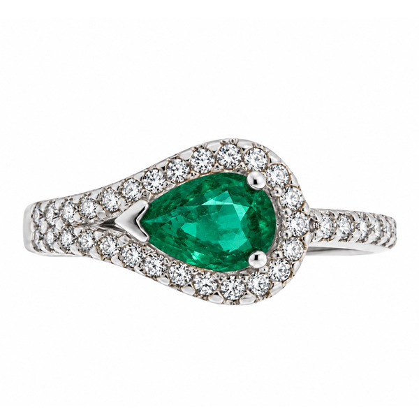 modern pear cut shape green Emerald halo cluster ring main stone set across the finger claw set round diamonds set halo and shoulders engagement design platinum gold