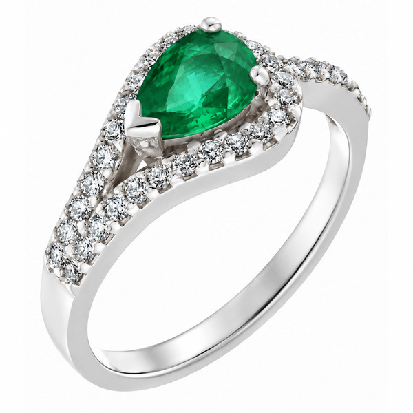 modern pear cut shape green Emerald halo cluster ring main stone set across the finger claw set round diamonds set halo and shoulders engagement design platinum gold