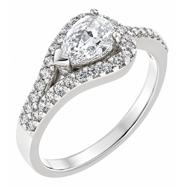 modern pear cut diamond halo cluster ring main stone set across the finger claw set round diamonds set halo and shoulders engagement design platinum gold