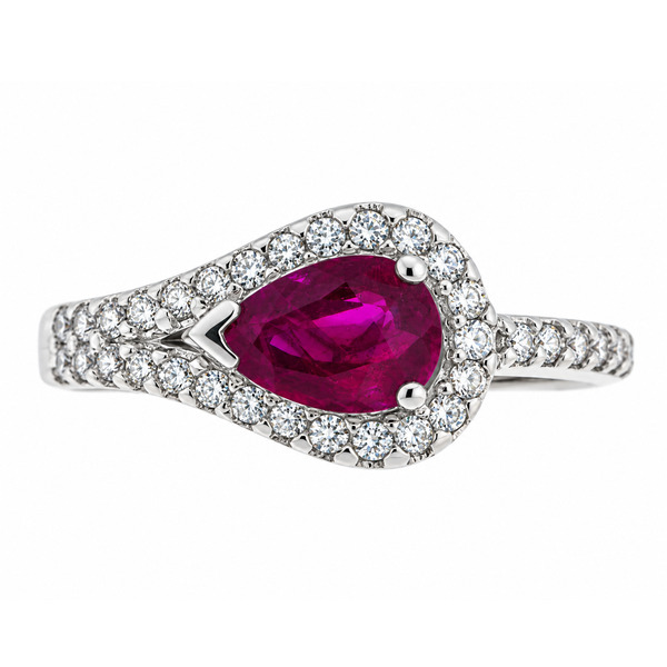 modern pear cut shape Ruby halo cluster ring main stone set across the finger claw set round diamonds set halo and shoulders engagement design platinum gold