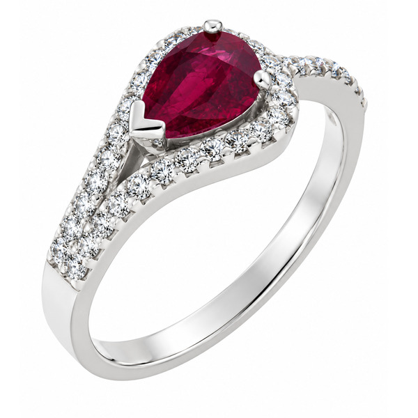 modern pear cut shape Ruby halo cluster ring main stone set across the finger claw set round diamonds set halo and shoulders engagement design platinum gold