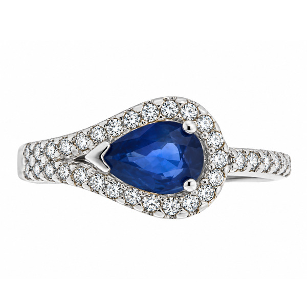 modern pear cut shape blue sapphire halo cluster ring main stone set across the finger claw set round diamonds set halo and shoulders engagement design platinum gold