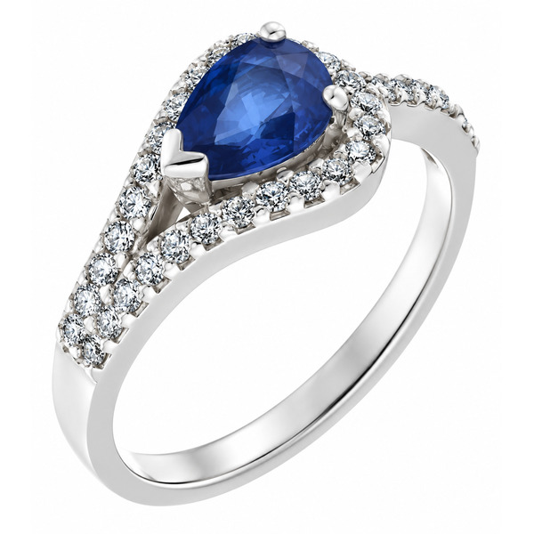 modern pear cut shape blue sapphire halo cluster ring main stone set across the finger claw set round diamonds set halo and shoulders engagement design platinum gold