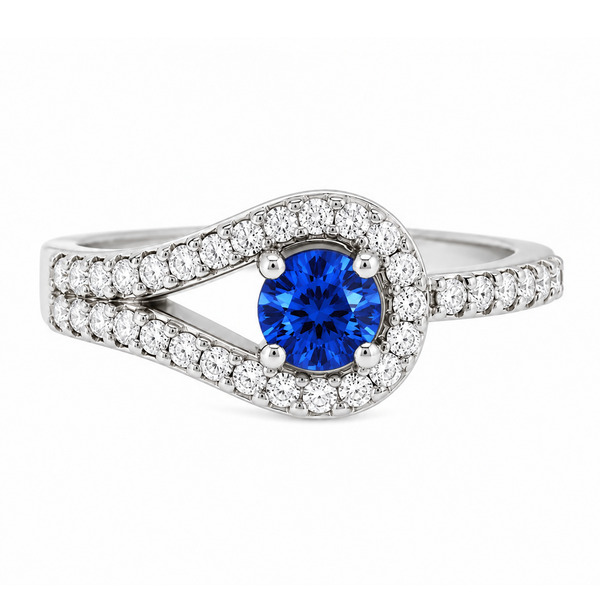 modern round cut blue sapphire halo cluster ring main stone set across the finger claw set round diamonds set halo and shoulders engagement design platinum gold