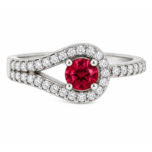 modern round cut Ruby halo cluster ring main stone set across the finger claw set round diamonds set halo and shoulders engagement design platinum gold